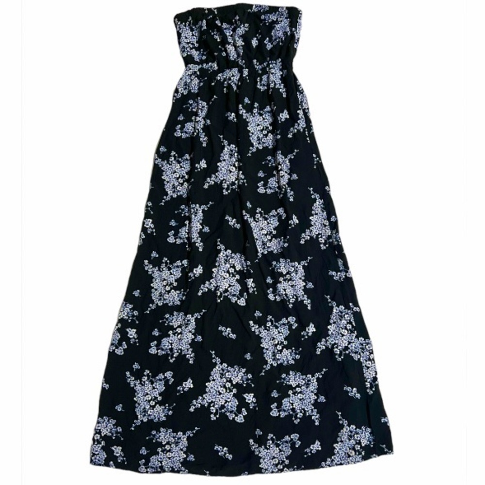 Old Navy Strapless Maxi Dress Black Blue White Floral Women’s Size Medium EUC